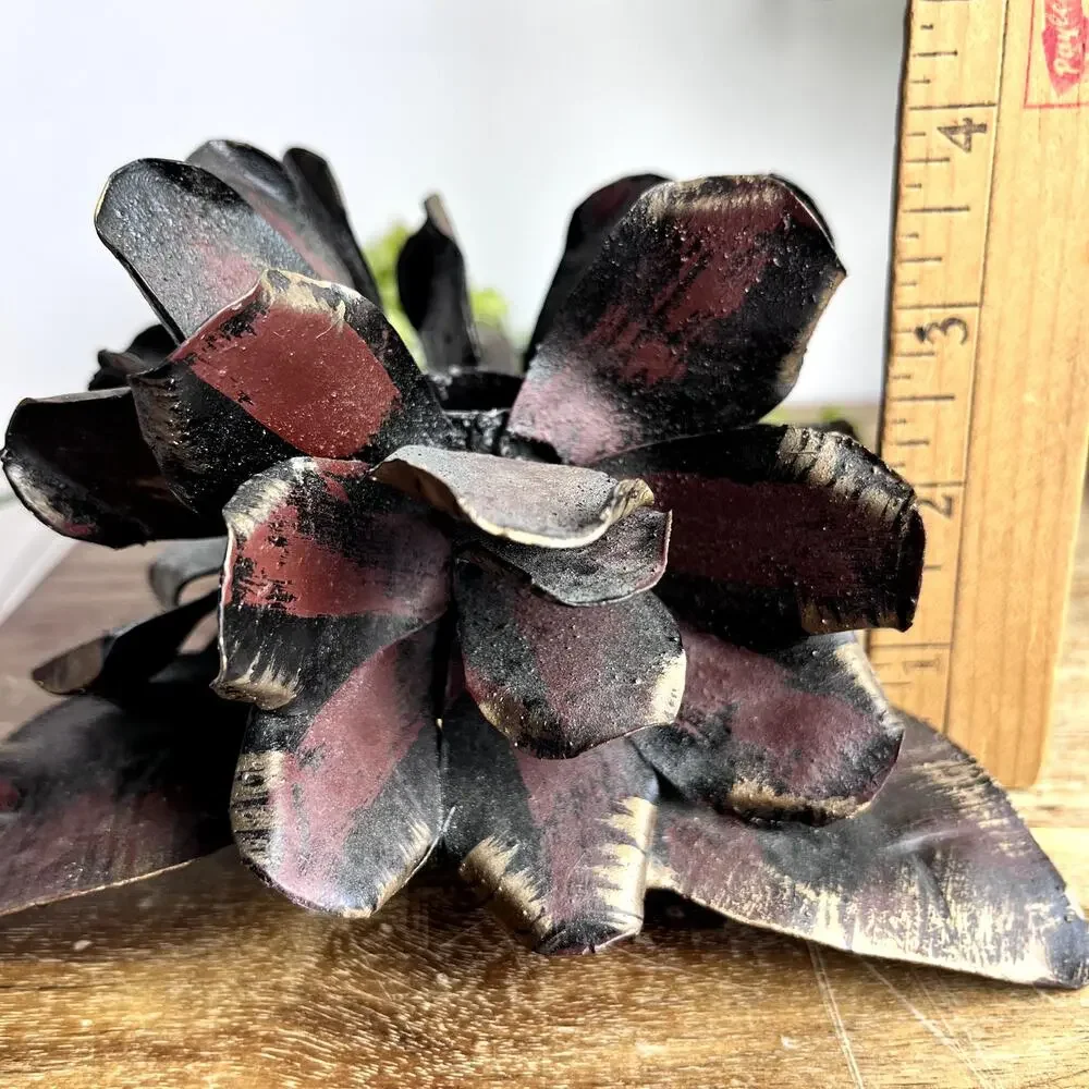 Rustic Metal Blooming Flower Pinecone Candle Holder Sculpture Handmade Weathered